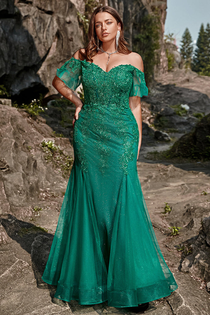 Zapakasa Women Dark Green Plus Size Prom Dress Mermaid Off The Shoulder Formal Dress With Appliques 8814