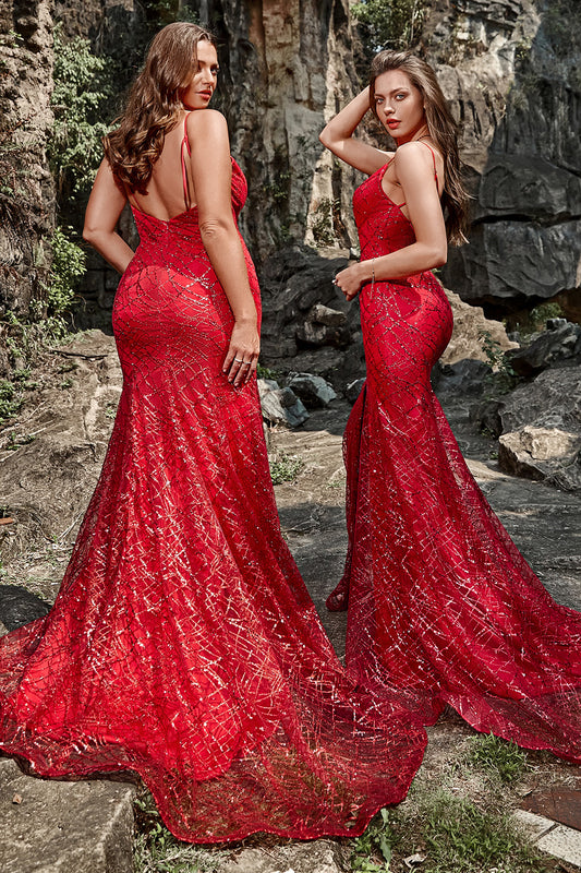 Mermaid Strapless Long Backless Red Lace Prom Dress