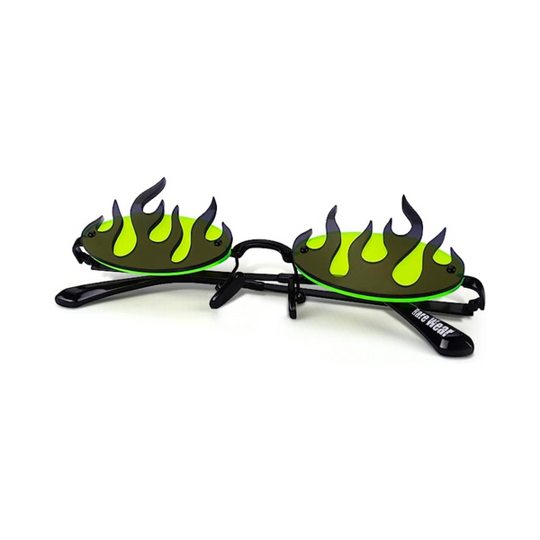 Funky Black Fire Flame on Green Lens Sunglasses