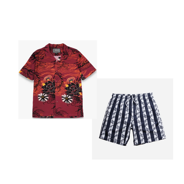 Brushed Florals Rayon Shirt  ;  Navy Paisley Vertical Stripe Swim Shorts