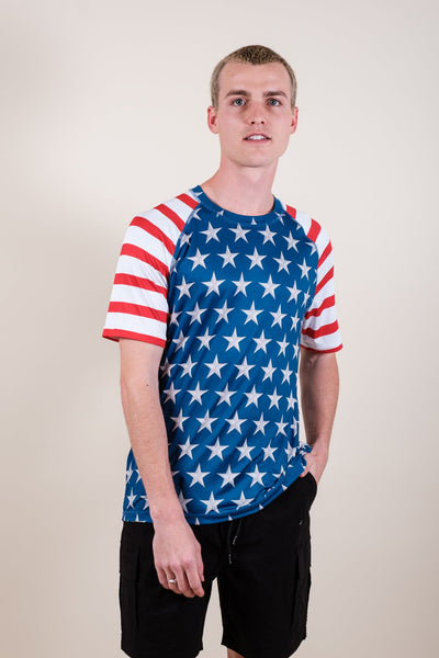 Red, White, and Blue Split Short Sleeve Rash Guard