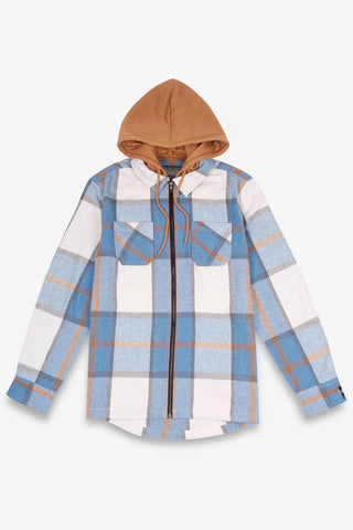 Light Blue Flannel Hooded Zip Shacket