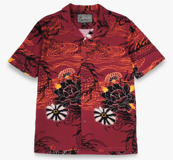 Red button up with yellow, black and white floral print