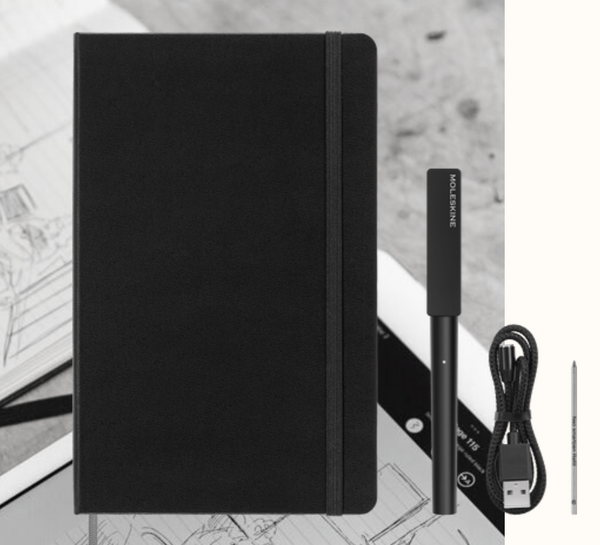 Black moleskin notebook with black smart pen and usb charger