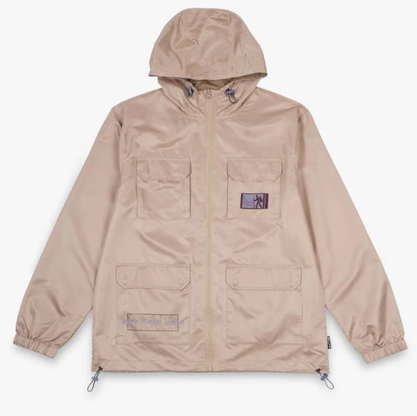 Beige nylon jacket with front zip up, 4 front flap pockets, elastic cuffs and toggle hood