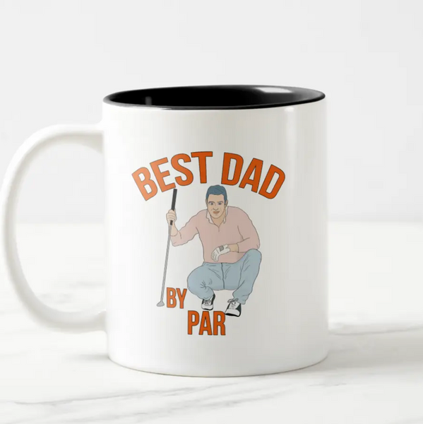 White coffee mug with black on the inside. "Best Dad By Par" graphic on the front