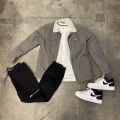 Button down chambray shirt, clean white sneakers, & corduroy jacket with Sherpa by Brooklyn Cloth