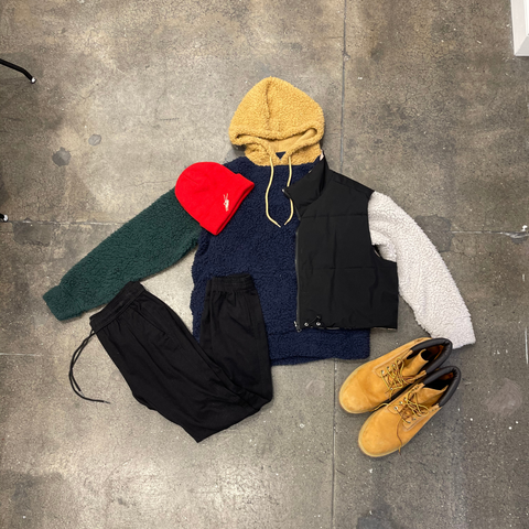 Down vest, Sherpa hoodies, Timberlands, & beanie by Brooklyn Cloth