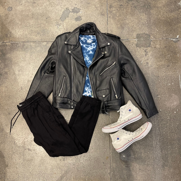 Chelsea boots, leather biker jacket, & graphic tee by Brooklyn Cloth