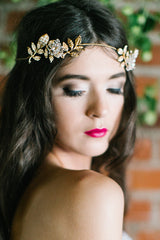 'Niah' Gold leaf and Crystal Flower Bridal Halo