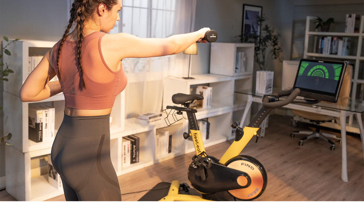 Riding a stationary exercise bike