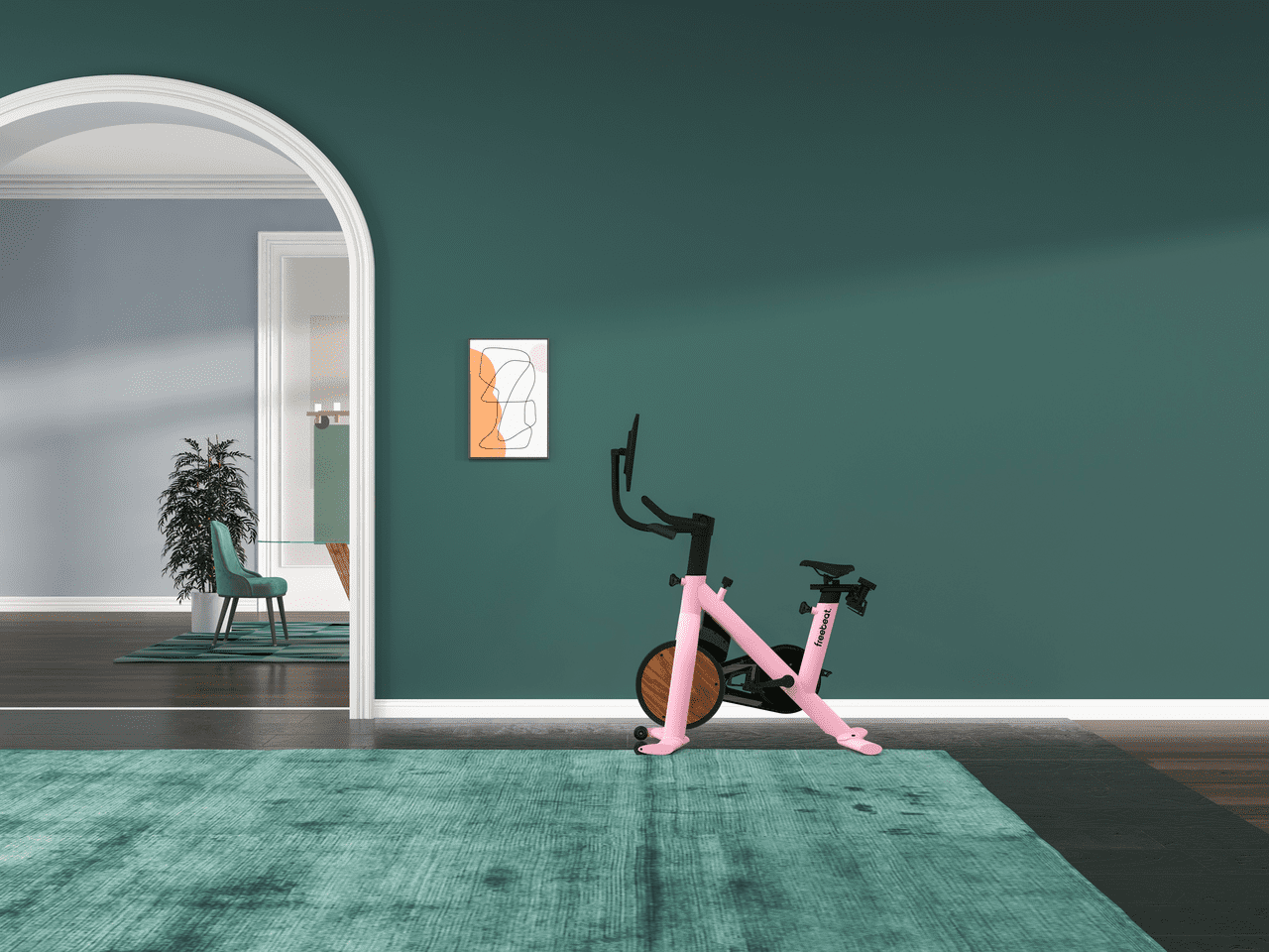 pink exercise bike in a green living room