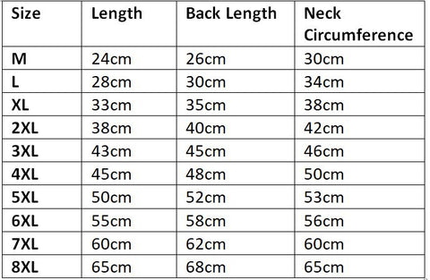 Yellow Doggie Rain Coat Size Chart