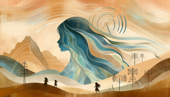 Abstract woman nurturing children in desert mountain homestead