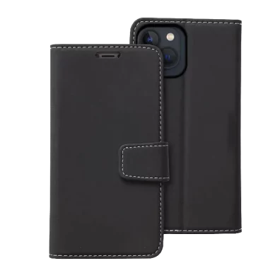 Black smartphone in a flip wallet case isolated on a white background.