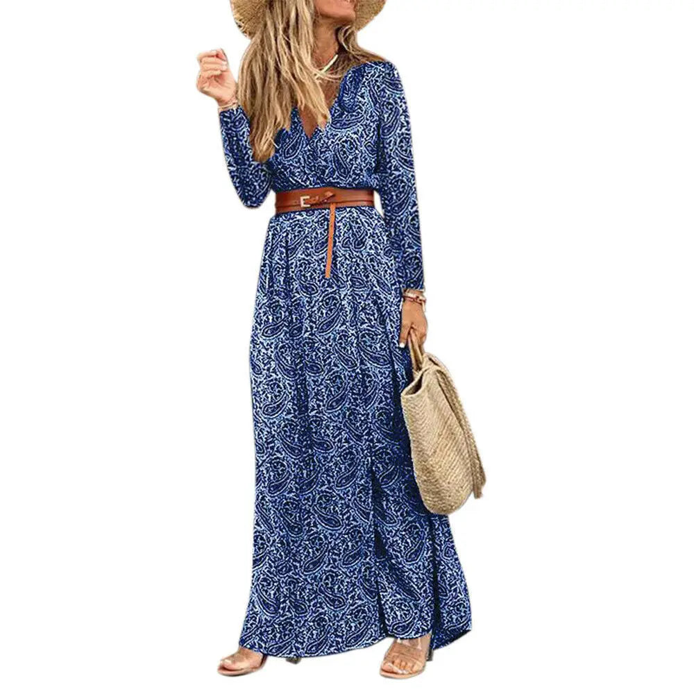 Lovemi - Long Sleeve V-Neck Boho Floral Dress