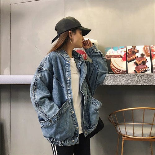 Lovemi - Large pocket loose Korean tooling denim jacket