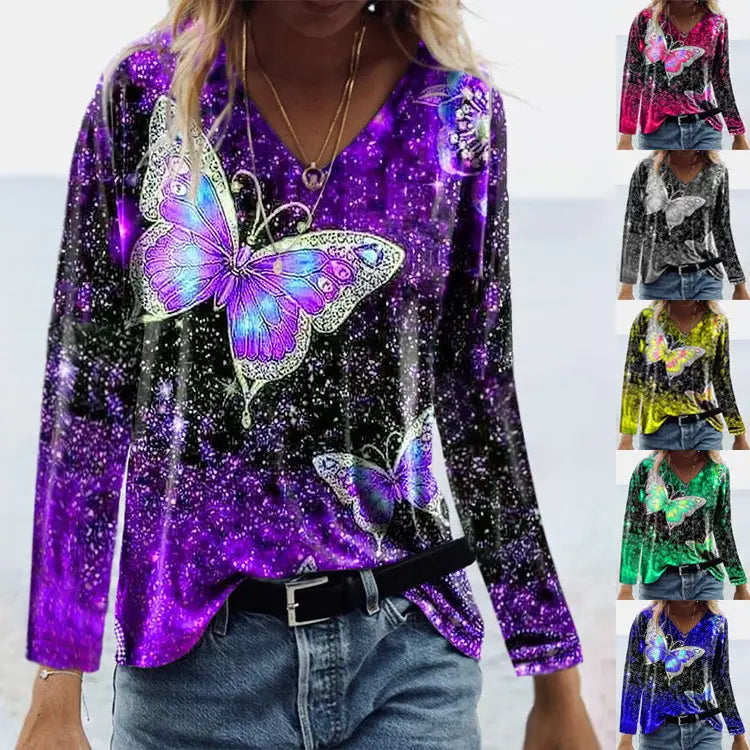Lovemi - New Casual Top V-neck Butterfly Print Loose