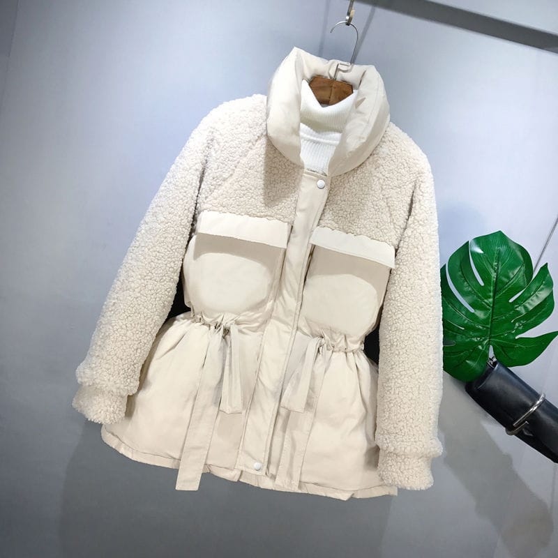 Lovemi - New Style Lamb Wool Stitching Cotton Jacket