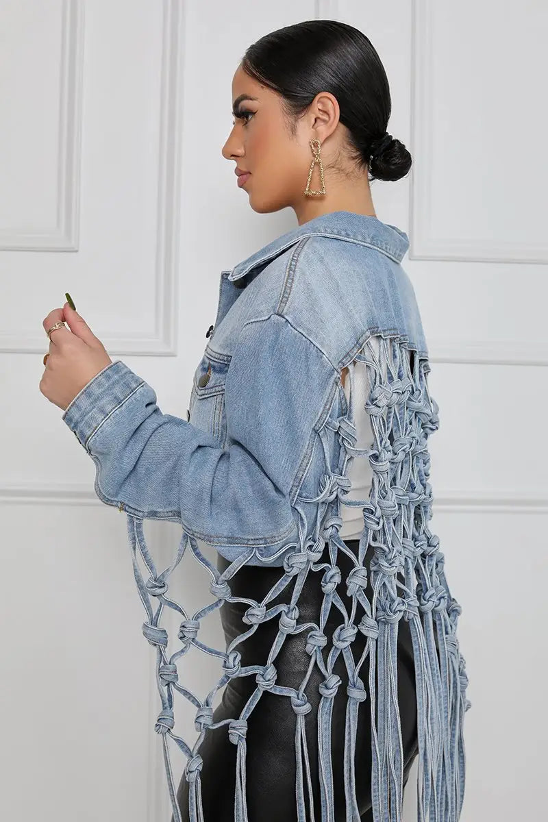 Lovemi – Modische Damen-Jeansjacke aus Netzstoff mit Fransen