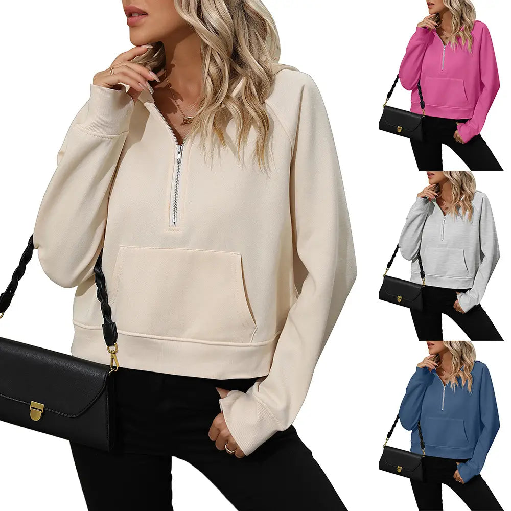Lovemi – Damen-Sweatshirt mit halbem Reißverschluss und Kapuze, Fleece