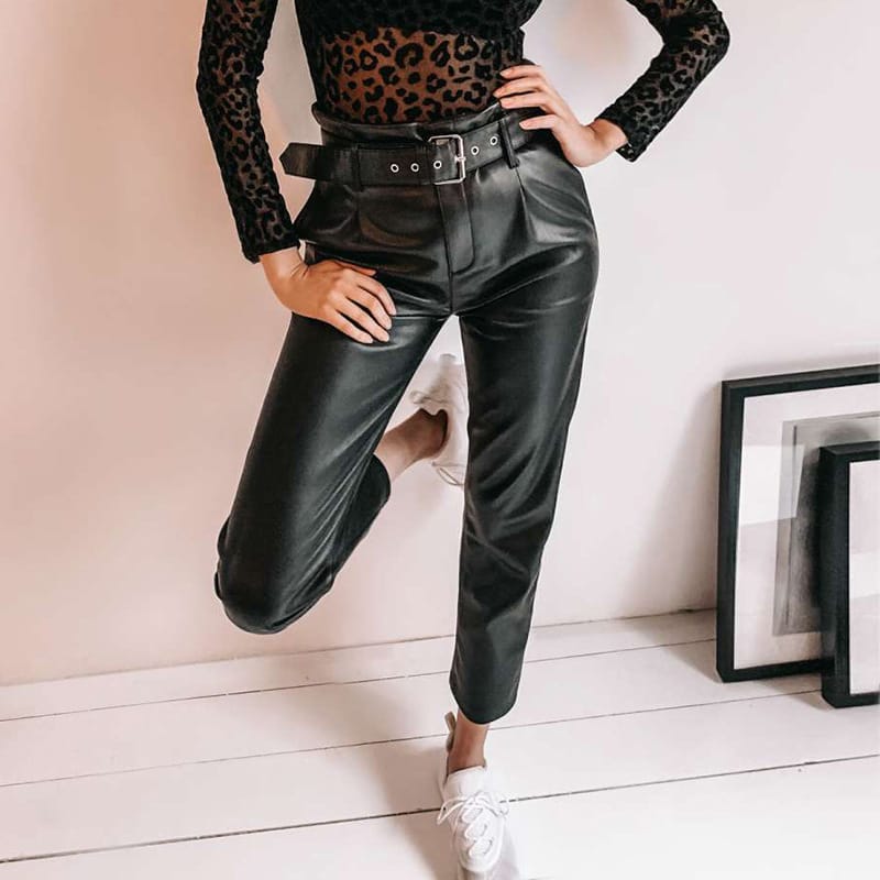 Lovemi - Personality belt casual leather pants