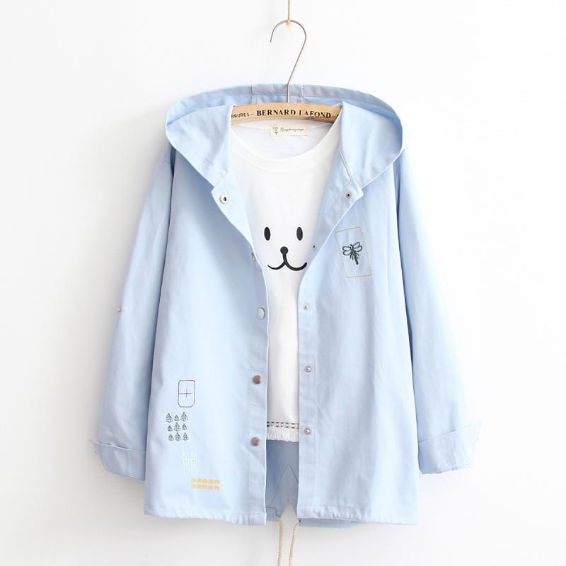 Lovemi - Solid color embroidery hooded long sleeve