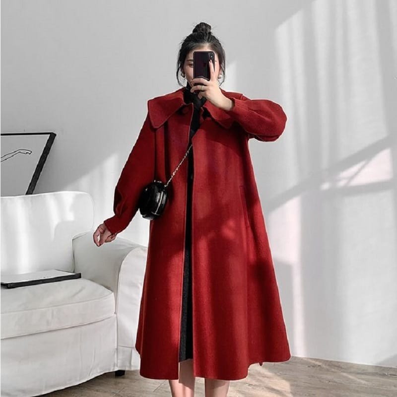 Lovemi - Manteau en laine cachemire double face revers rouge rétro