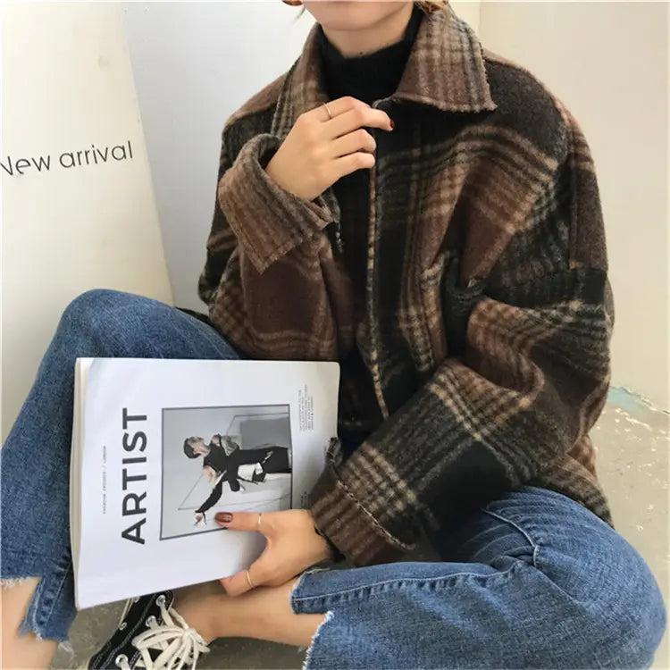 Lovemi – Mittellanges lockeres Plaid für Damen im Harajuku-Stil