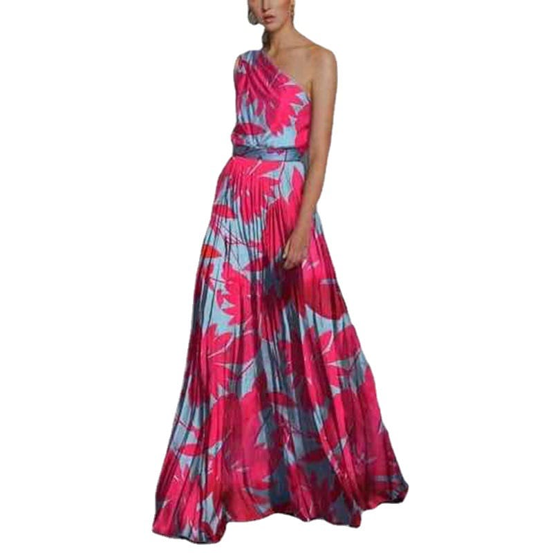 Lovemi - Women’s Leaf Panel Off Shoulder Print Maxi Dress