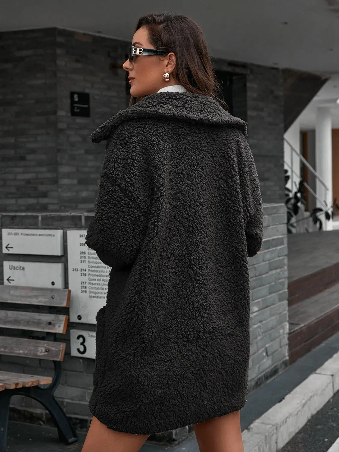 Lovemi - Single Breasted Bubble Fleece Jacket Loose Lapel