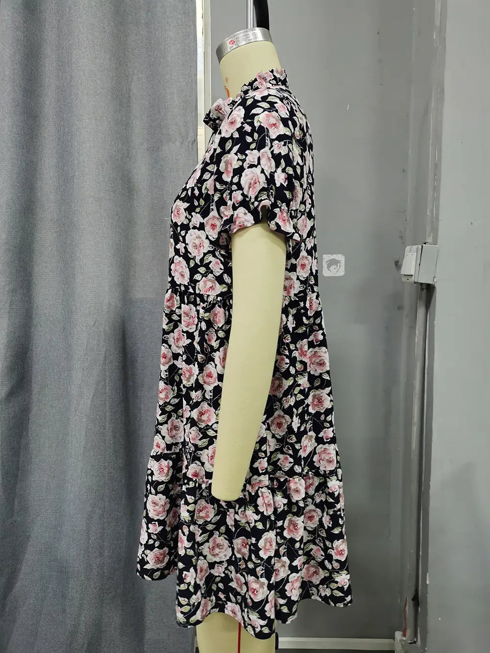 Lovemi - Women’s Floral Print Fungus Trim Short Sleeve Dress