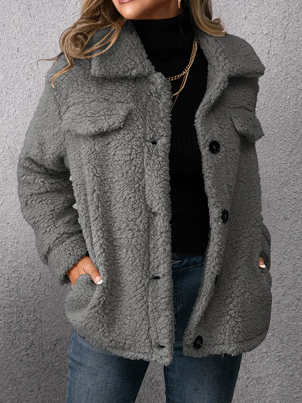 Lovemi - Loose Casual Lapel Plush Jacket Lamb Fleece Coat