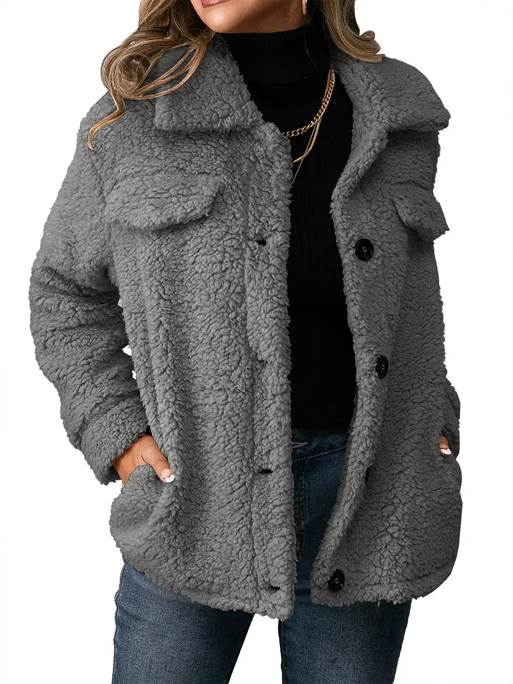 Lovemi - Loose Casual Lapel Plush Jacket Lamb Fleece Coat