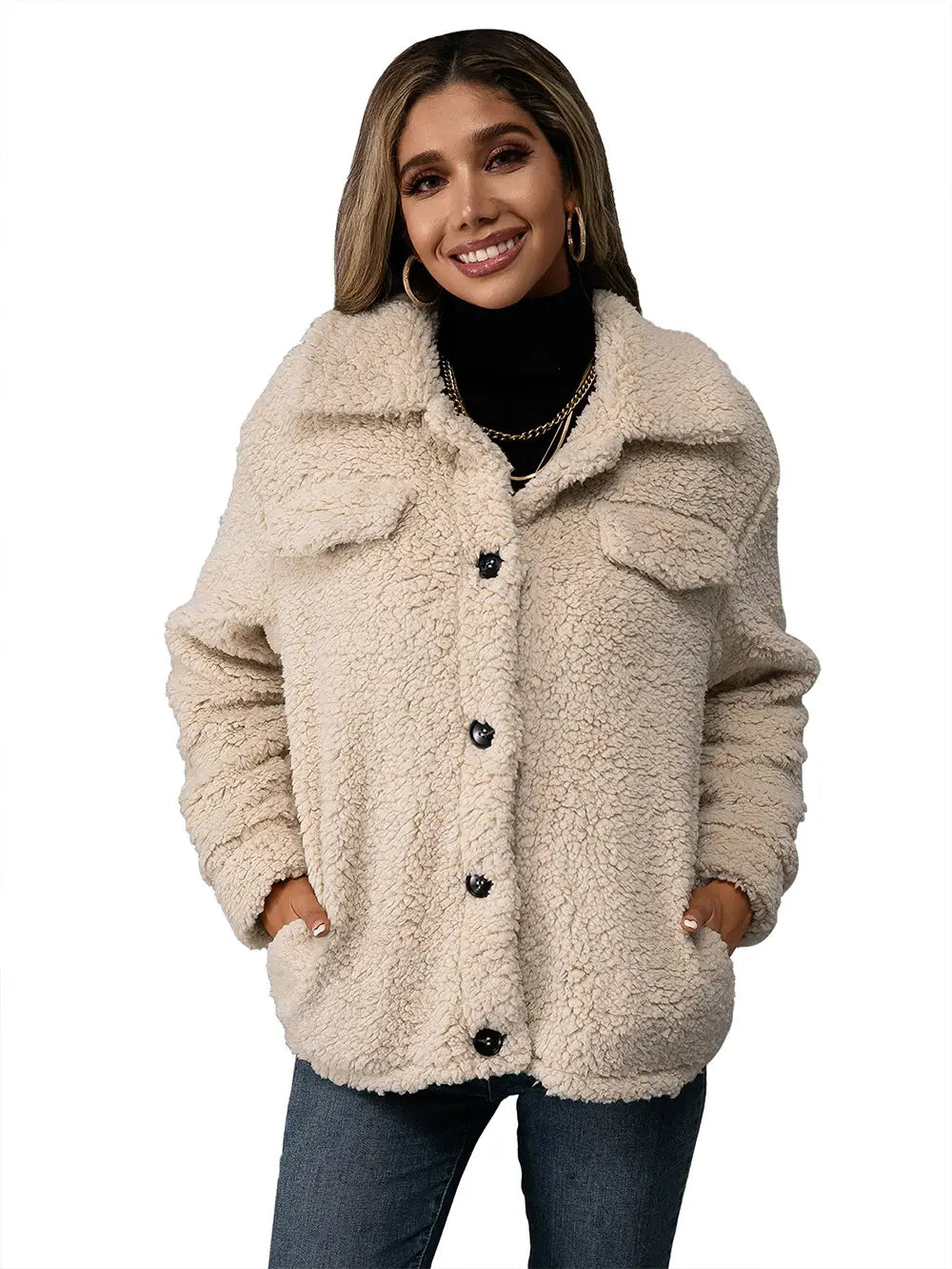 Lovemi - Loose Casual Lapel Plush Jacket Lamb Fleece Coat