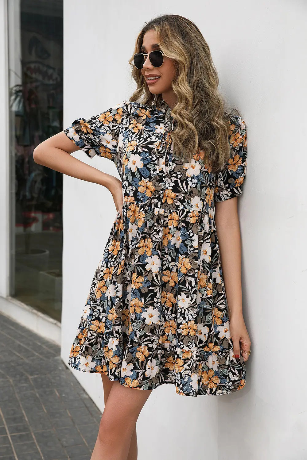 Lovemi - Stand Collar Ruffle Small Floral Short Sleeve Dress