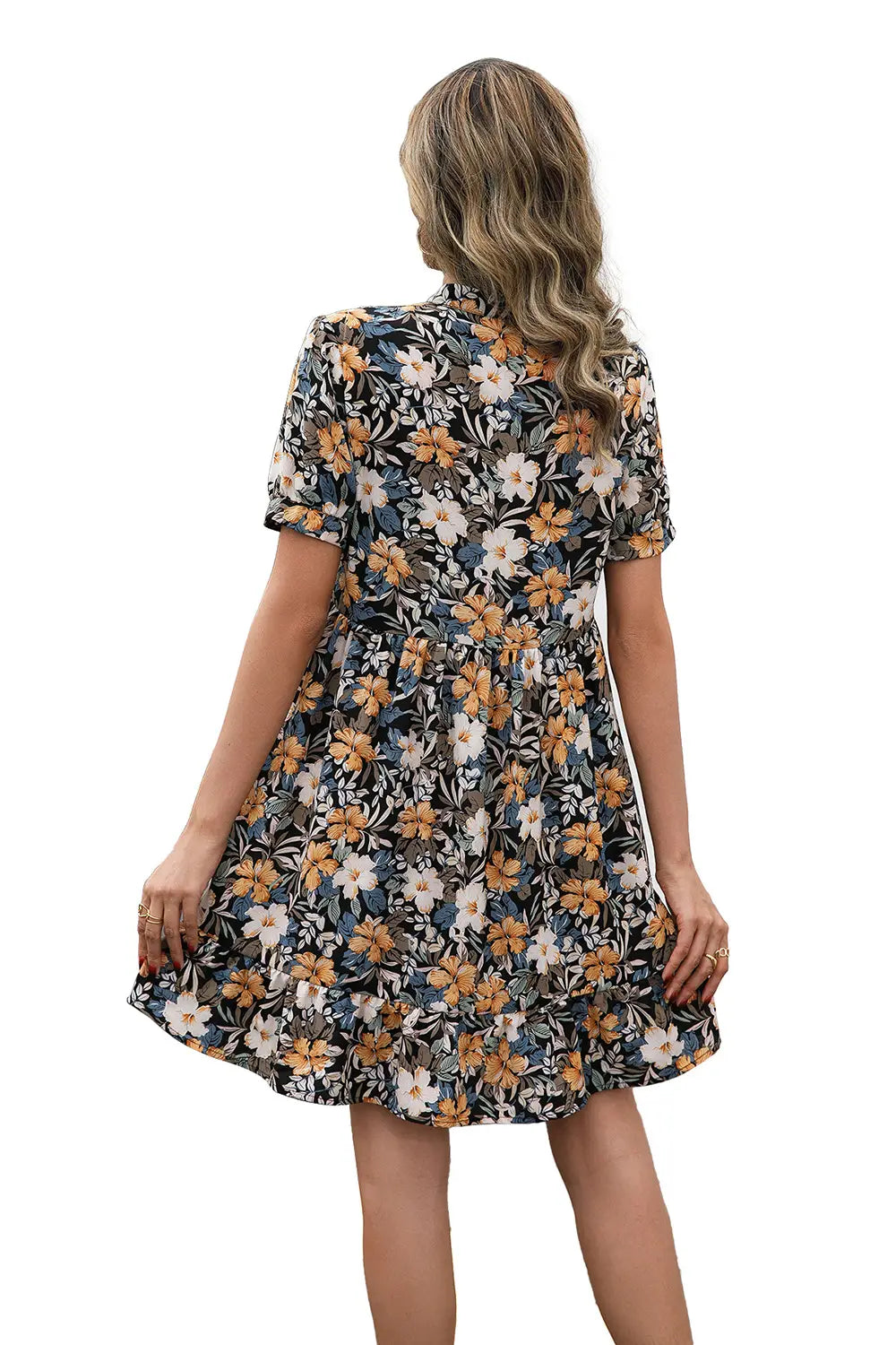 Lovemi - Stand Collar Ruffle Small Floral Short Sleeve Dress