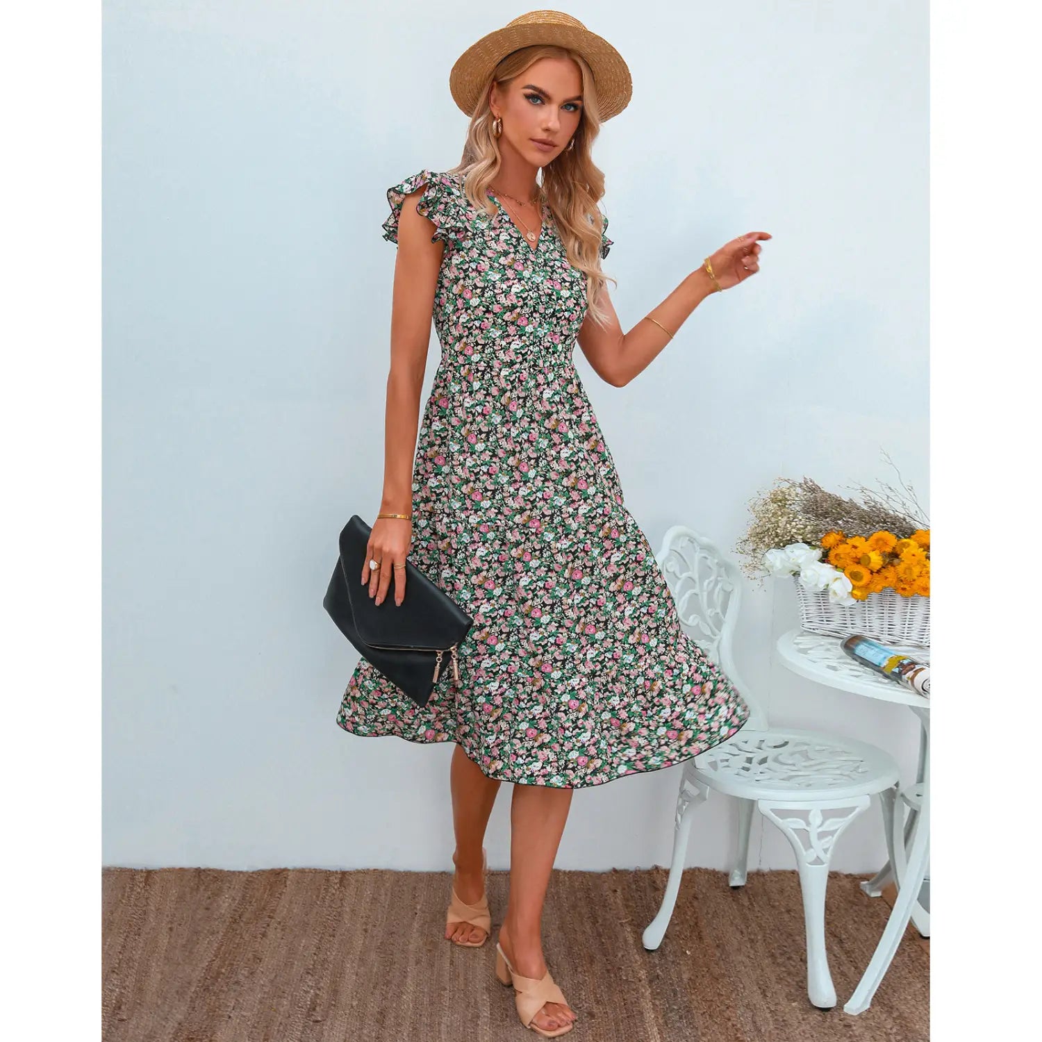 Lovemi - V-neck Fly-sleeve Floral Dress Long Dress