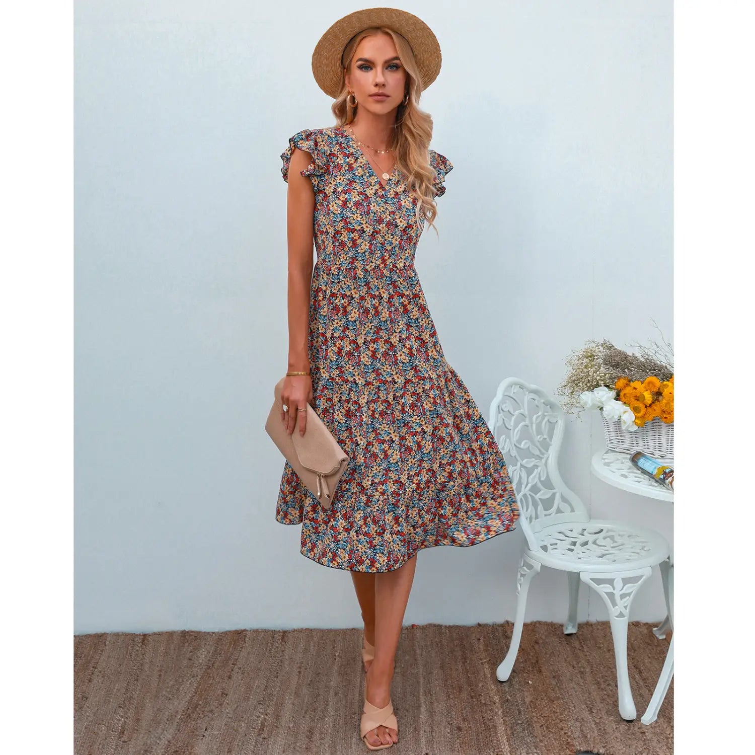 Lovemi - V-neck Fly-sleeve Floral Dress Long Dress