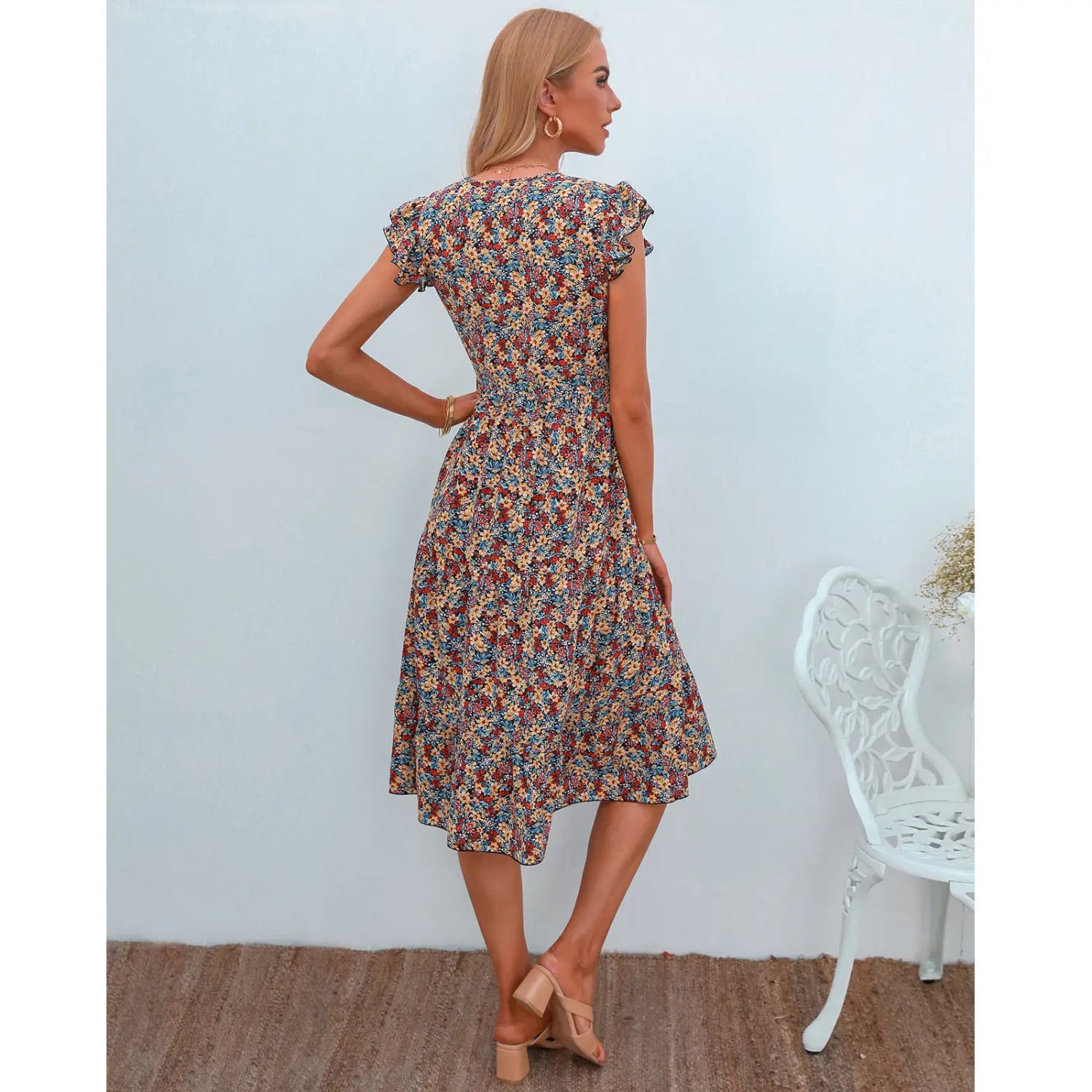 Lovemi - V-neck Fly-sleeve Floral Dress Long Dress