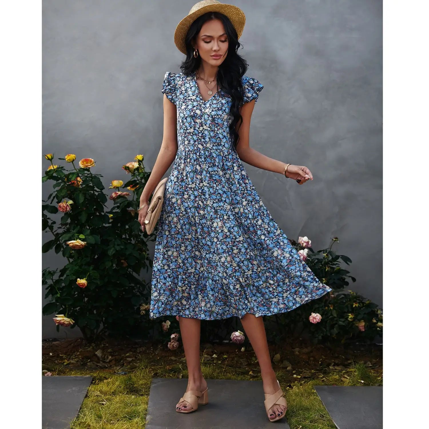 Lovemi - V-neck Fly-sleeve Floral Dress Long Dress