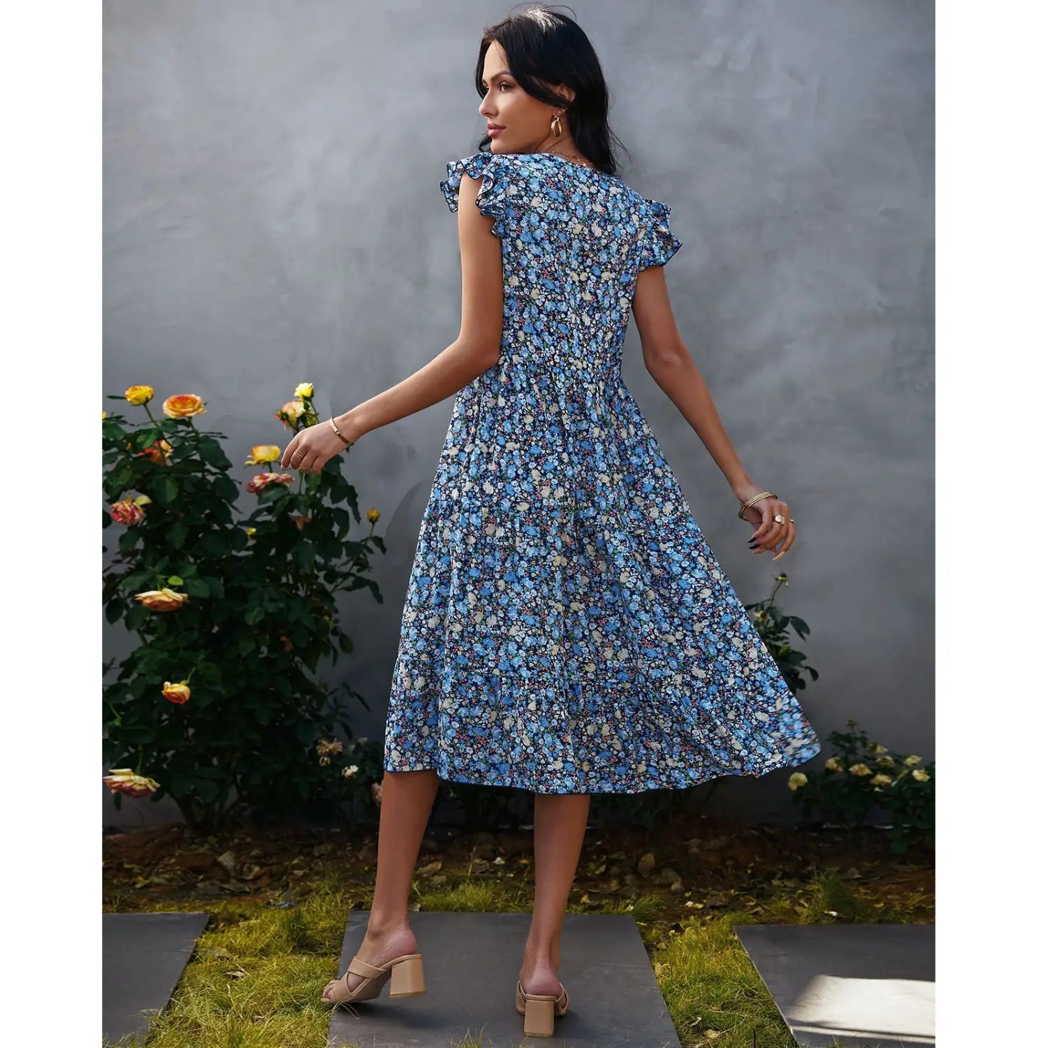 Lovemi - V-neck Fly-sleeve Floral Dress Long Dress