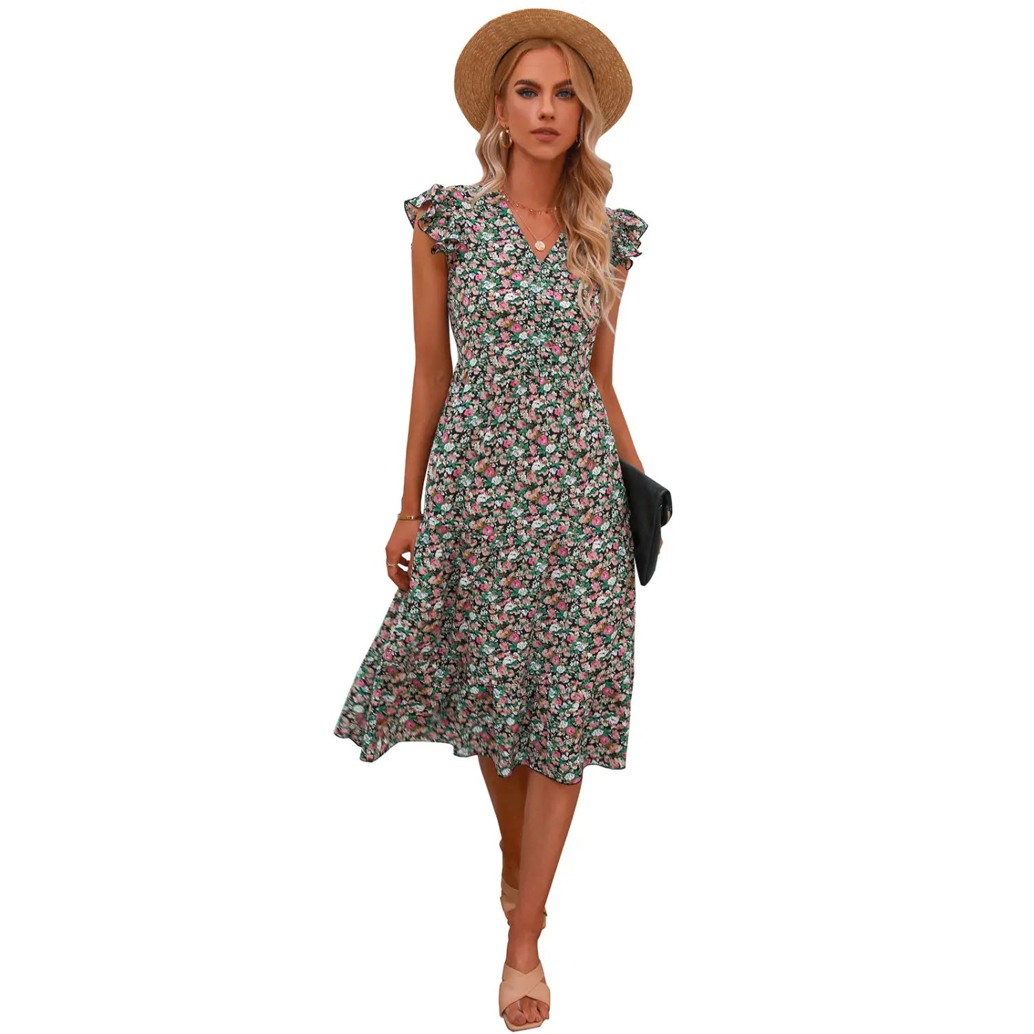 Lovemi - V-neck Fly-sleeve Floral Dress Long Dress