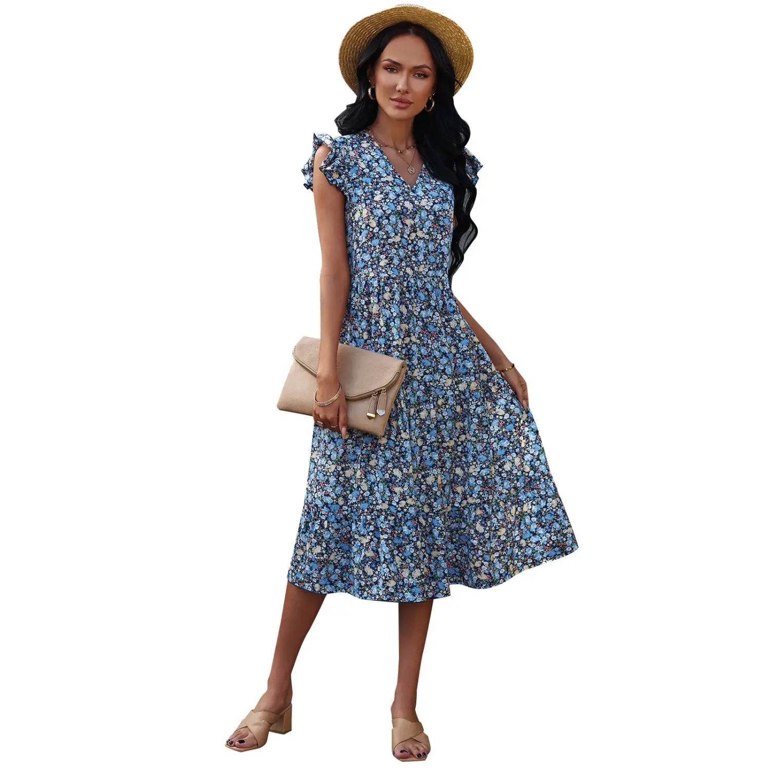 Lovemi - V-neck Fly-sleeve Floral Dress Long Dress