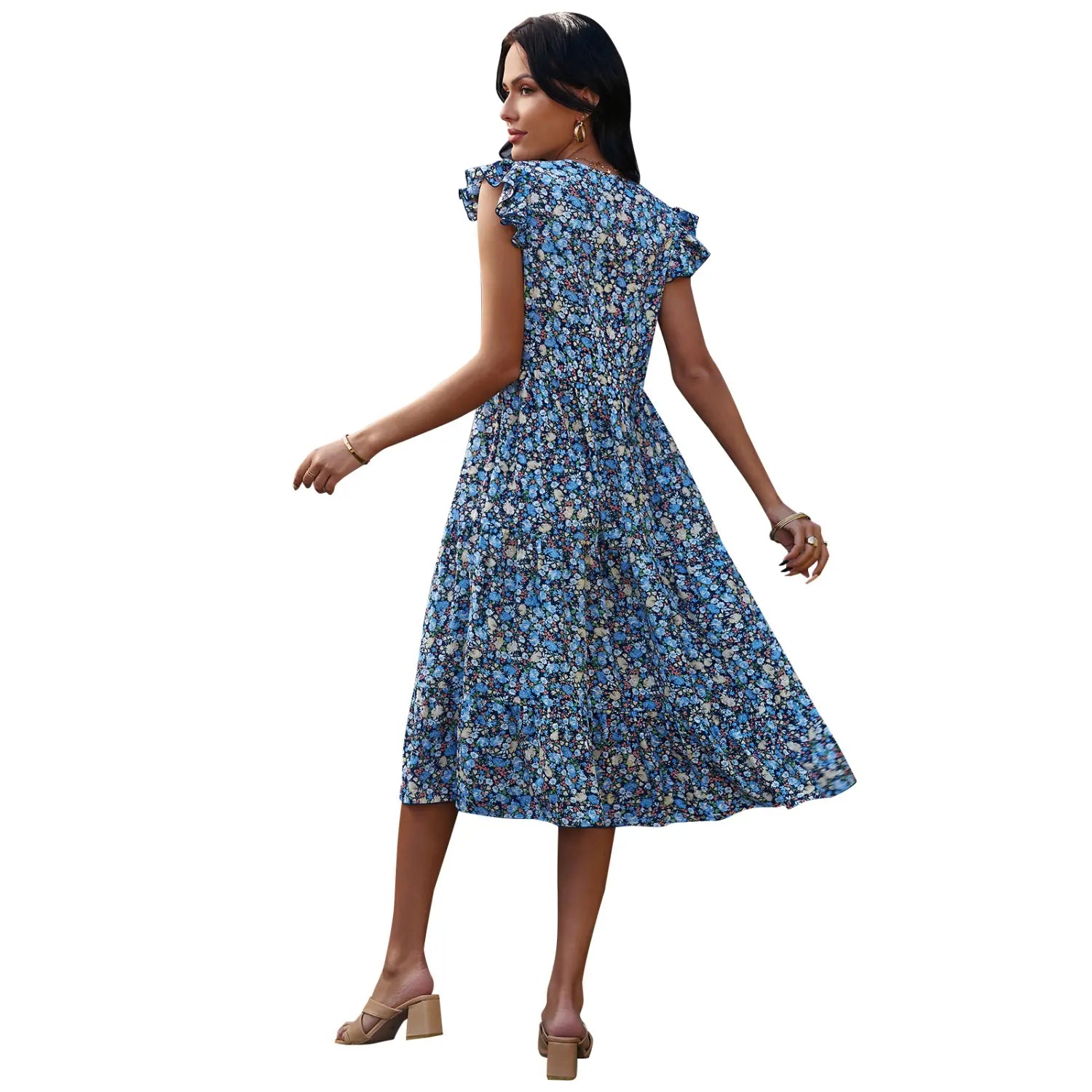 Lovemi – Langes Kleid mit V-Ausschnitt und Fliegenärmeln, Blumenkleid