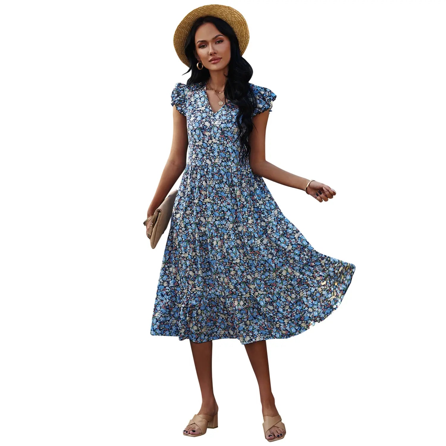 Lovemi - V-neck Fly-sleeve Floral Dress Long Dress