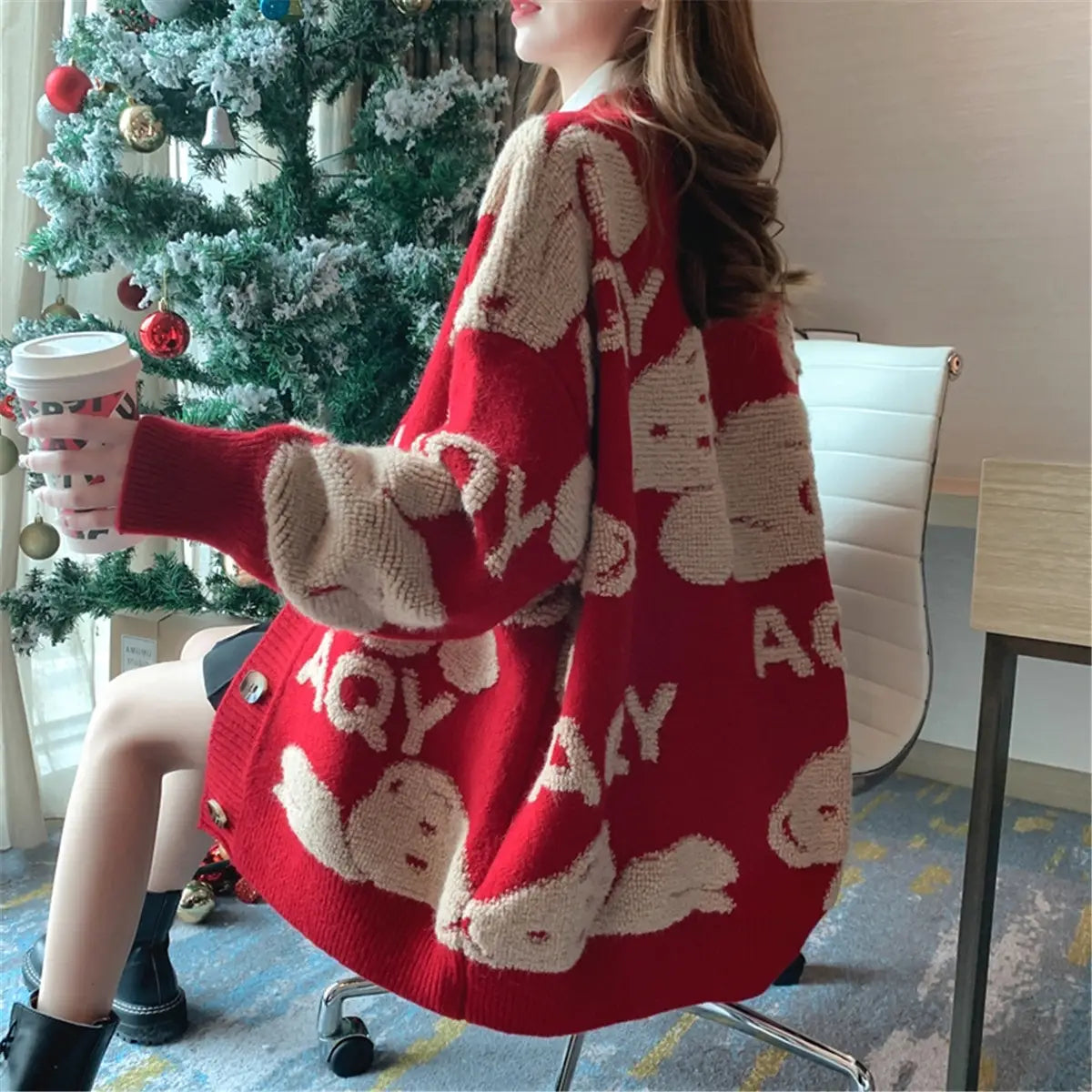 Lovemi – Damen-Pullover-Mantel, koreanisches lockeres Netz, rot gestrickt