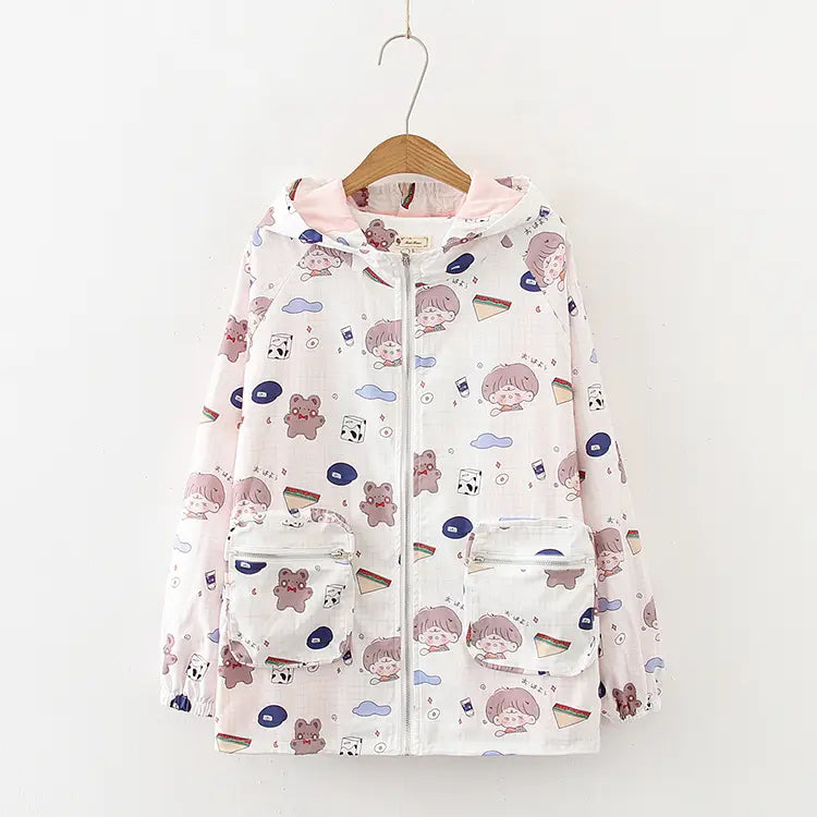 Lovemi - Big Girl Cute Printed Trench Coat Loose Hooded