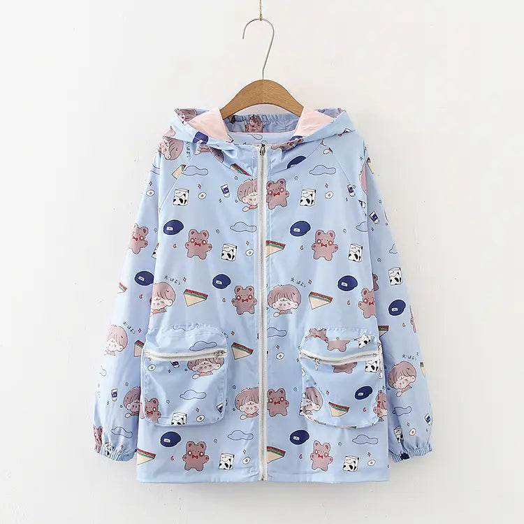 Lovemi - Big Girl Cute Printed Trench Coat Loose Hooded