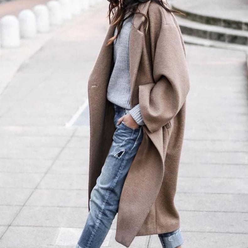 Lovemi - Fashion Long Solid Color Lapel Coat Warm Coat